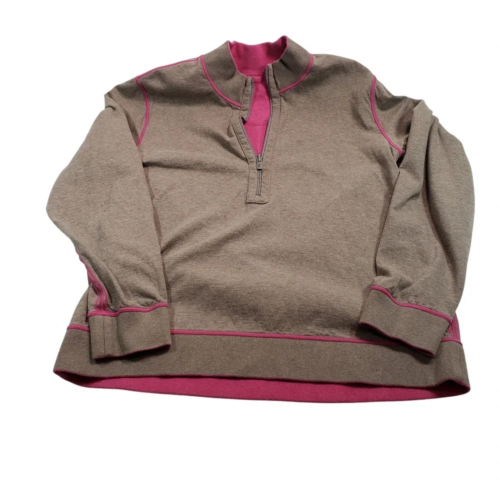 Tommy Bahama Reversible Quarter Zip Sweatshirt Brown Pink Contrast Stitch Mens L